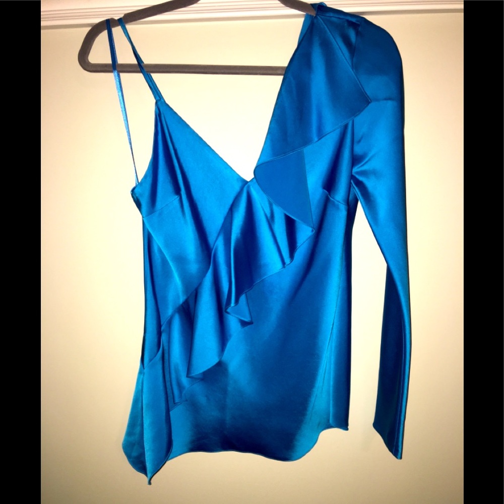 Diane Von Furstenberg Asym Slv Ruffle Front Blouse